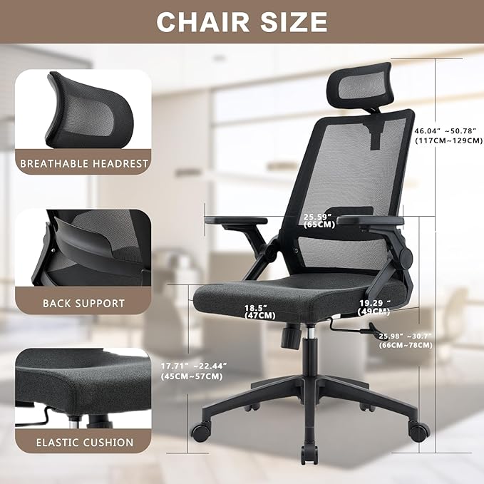 Msdizuo Office Chair Ergonomic Desk Chair, 350LBS Capacity, High Back Computer Chair for Long Hours Comfortable, Rolling Swivel Executive Task Chair for Home Office with Flip-up Armrests,（mesh,Black）