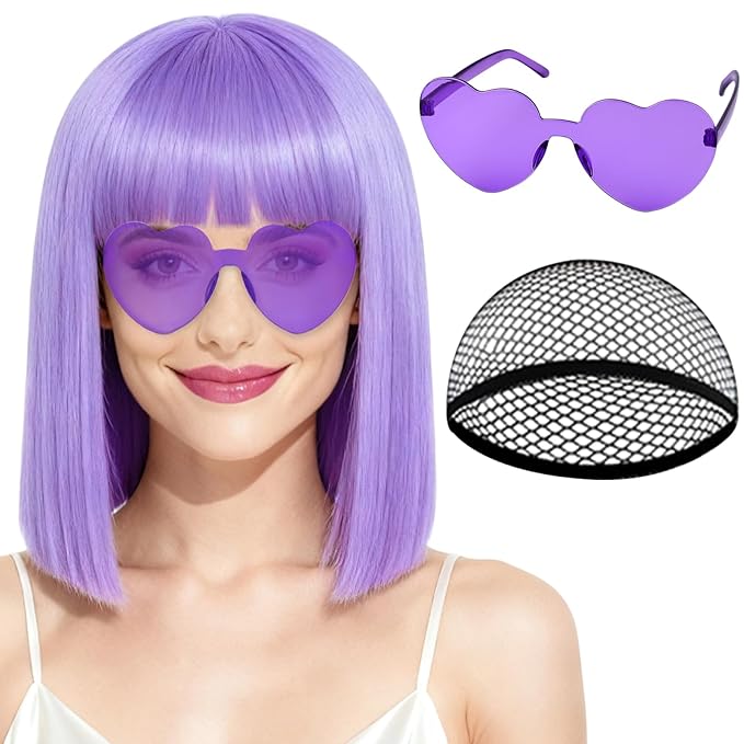 PLULON Short Light Purple Straight Bob Wig with Bangs, Shoulder Length Heat Resistant Synthetic Hair Bob Wigs with Heart S...