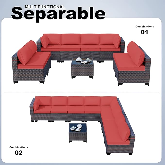 Kullavik 9 Pieces Outdoor Patio Furniture Set,Outdoor Sectional Rattan Sofa Set Brown PE Rattan Wicker Patio Conversation Set with Tempered Glass Coffee Table and Washable Cushions Covers,Red