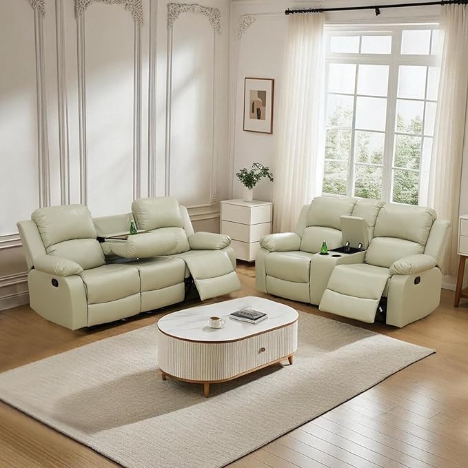Caberryne 2 Pieces Leather Recliner Sofa Set，Recliner Sofa and Loveseat Sets for Living Room Furniture，Beige Reclining Couch with 4 Recliners for Living Room/Office/Theater Seating(Sofa Set 2 Pieces)