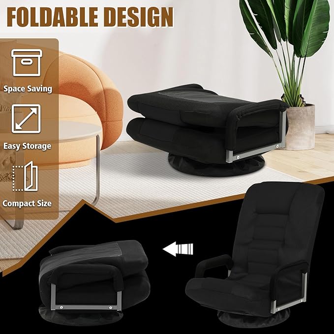 ACIPENSER Swivel Gaming Chair Multipurpose Floor Gaming Chair for Playing Video Games, TV, Reading w/Armrest Lumbar Support & 6 Adjustable Postion Backrest for Adults & Kids, Black