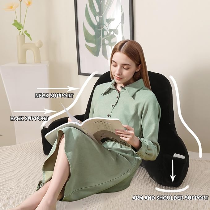 PAJEO Reading Pillow for Sitting in Bed, Large Backrest Reading Pillow with Arm Rest,Back-Rest Support Cushion for Sit Up on Couch, Sofa, and Floor, Dorm Essentials (Black Faux Fur, Standard(17"))
