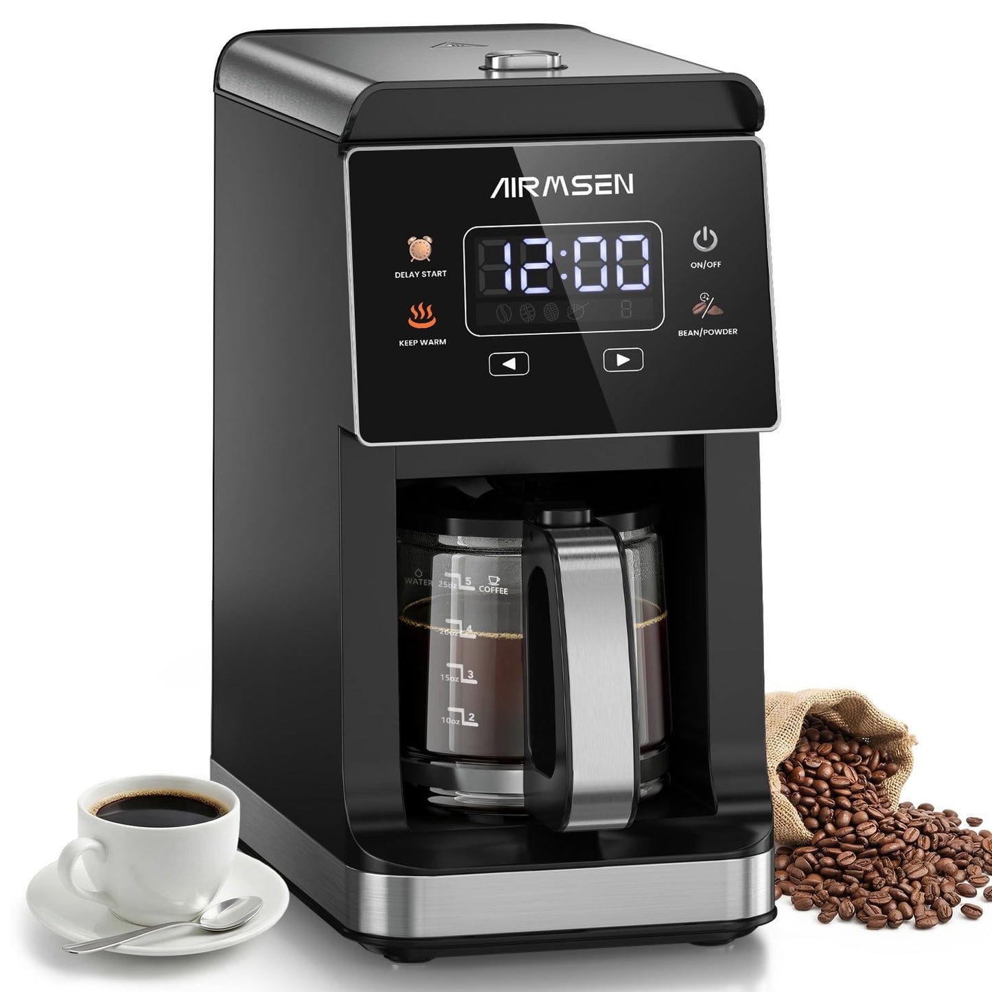 AIRMSEN Grind & Brew Coffee Maker with Built-in Grinder, Programmable Single Serve Coffee Maker - 5 Cup-800ML, 3 Grind Settings, Auto Keep Warm & Glass Carafe for Small Home and Office