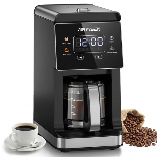 AIRMSEN Grind & Brew Coffee Maker with Built-in Grinder, Programmable Single Serve Coffee Maker - 5 Cup-800ML, 3 Grind Settings, Auto Keep Warm & Glass Carafe for Small Home and Office