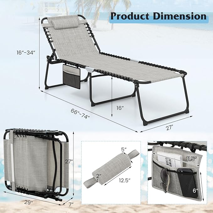 GYMAX Lounge Chair for Outside, 440lbs 27” Oversize Folding Beach Tanning Sunbath Chair with Adjustable Backrest & Removable Pillow, Lightweight Portable Patio Lounger for Lawn Poolside (2, Grey)