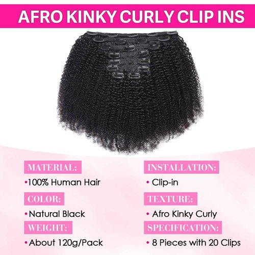 Afro Kinky Curly Clip In Hair Extensions 120g Brazilian Virgin Human Hair for Black Women 4B 4C Natural Black 8Pcs 20 Clips Seamless & Tangle-Free 20 Inch