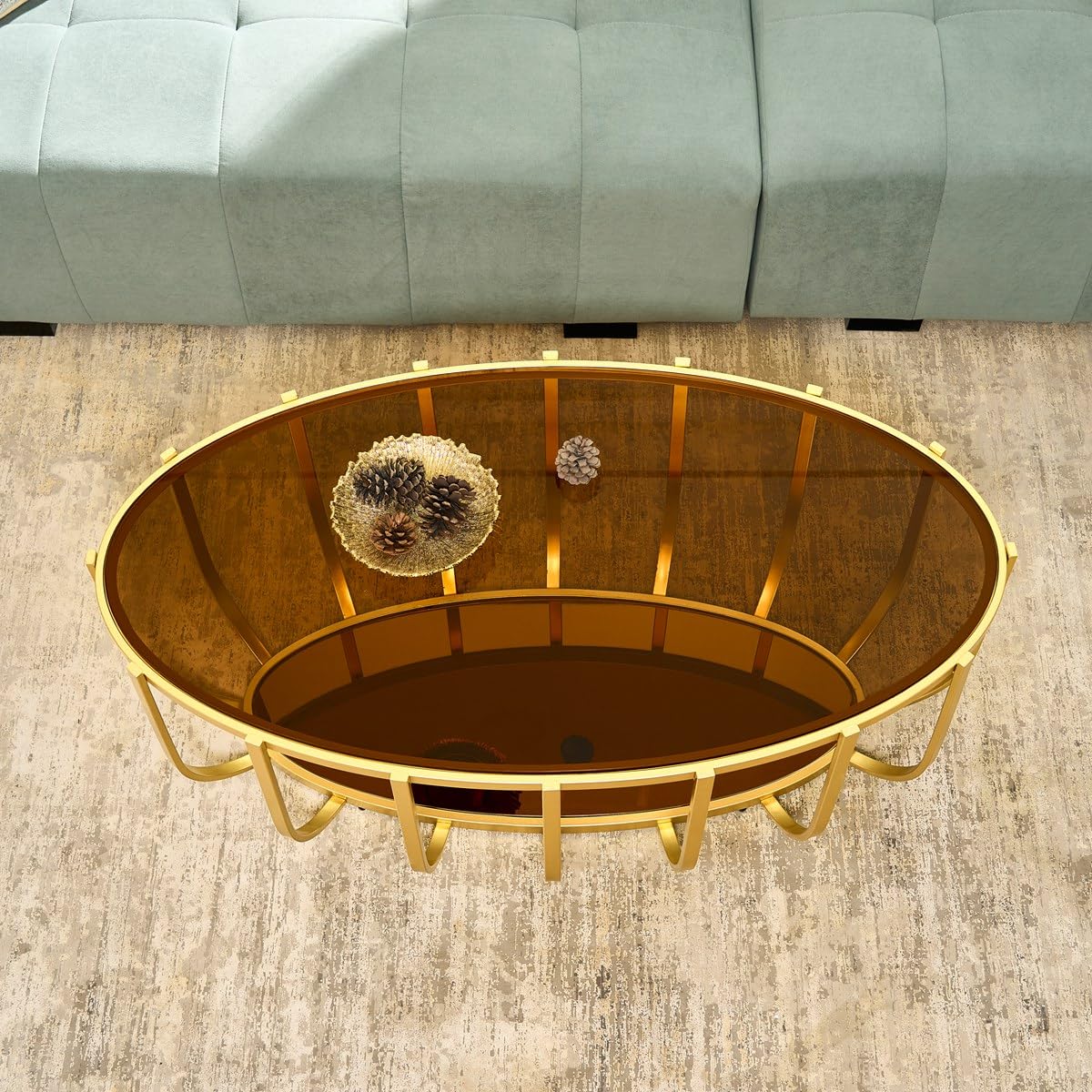 AGV LIGHTING Oval Glass Coffee Table with Gold Metal Frame, Modern Glam Glass Coffee Table, Amber Tempered Glass Top with Lower Mirrow Glass Shelf, Modern Gold Coffee Table for Living Room