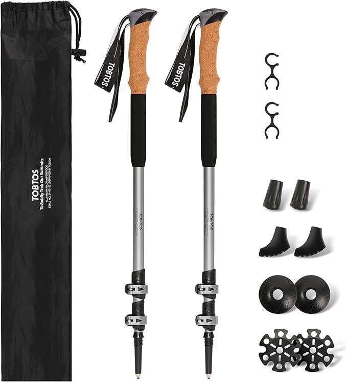 TOBTOS Telescoping Trekking Poles 2 Pack - Adjustable Hiking Sticks & Walking Sticks, 7075 Aluminum with Cork Grips & EVA ...