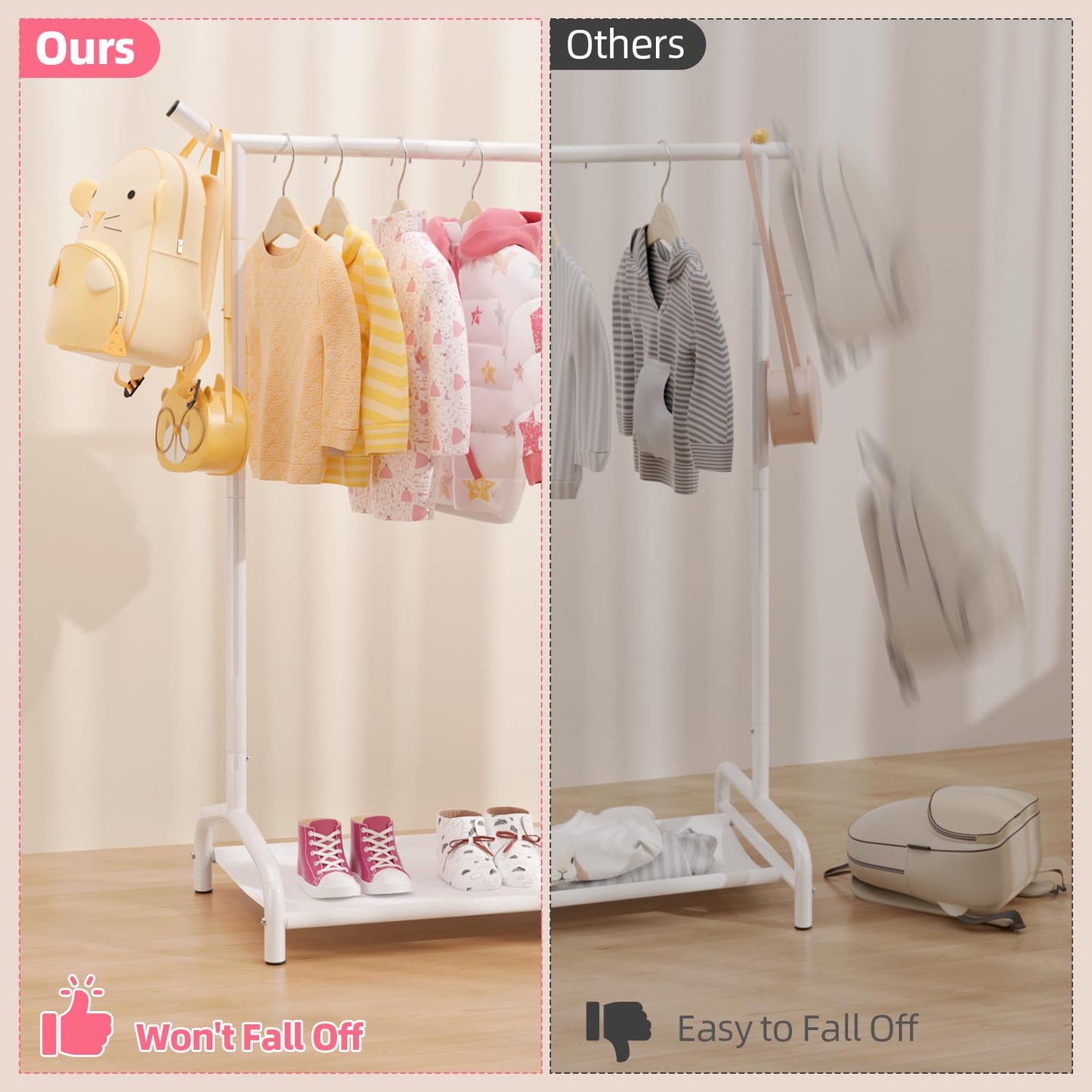 EAGMAK Kids Clothing Rack, Baby Clothes Rack with Bottom Storage Shelf, Kids Dress Up Rack for Little Girls, Metal Coat Rack Toddler Closet Organizer, Costume Garment Rack for Hanging Clothes (White)