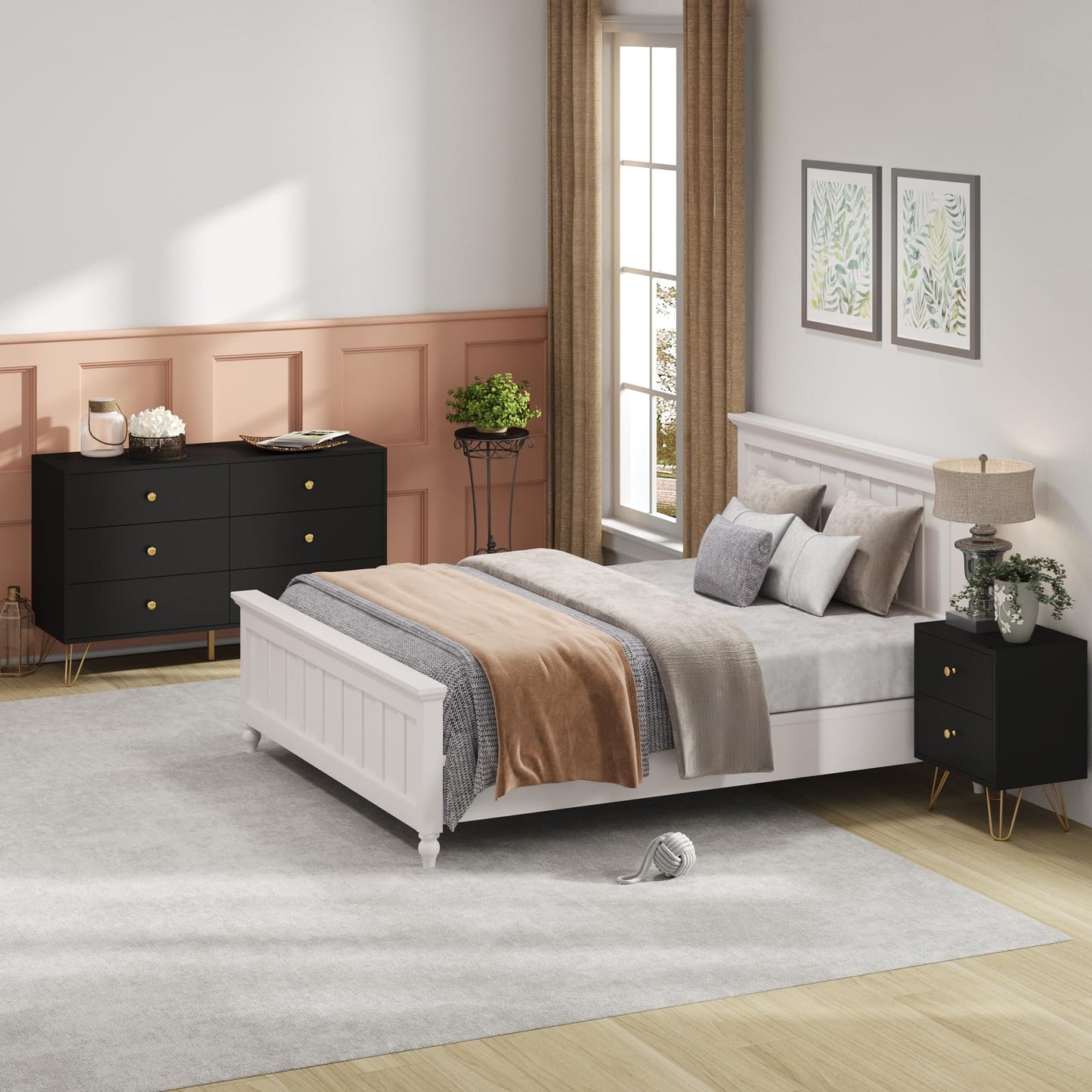Tradare 6 Drawer Dresser and Nightstand Set of 2, Modern Black and Gold Dresser Set with Golden Handles, 2-Drawer Nightstand & 6-Drawer Chest of Drawers