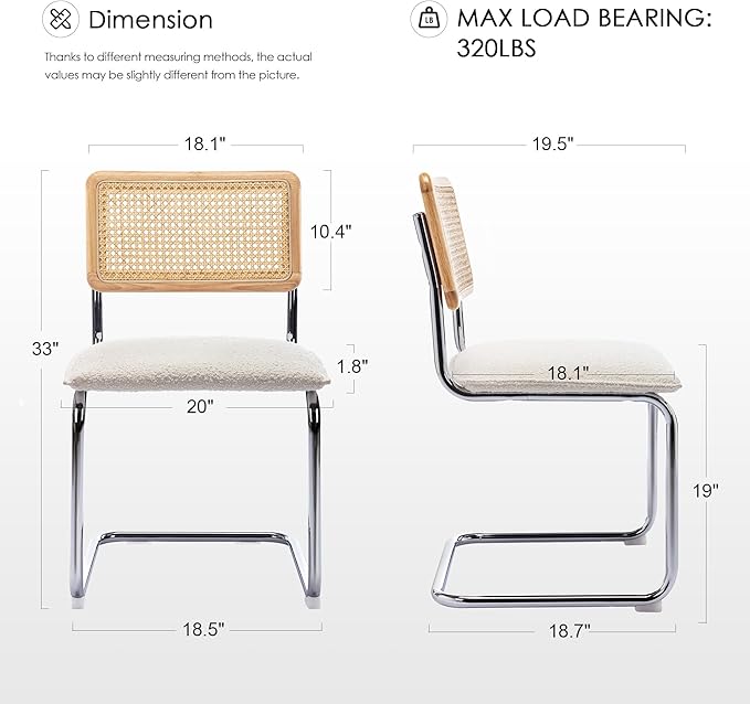 Zesthouse Dining Chairs Set of 4, Natural Rattan Accent Chairs with Solid Wood Back & Stainless Chrome Base, Mid Century Modern Breuer Design Inspired, Upholstered Boucle Kitchen Chairs, White