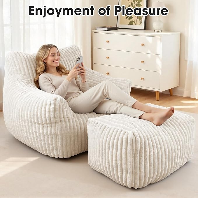 Giant Bean Bag Chair with Ottoman, Oversized Memory Foam Bean Bag Sofa for Adults and Kids, Large Comfy Fluffy Single Lounges Mini Couch for Living Room, Bedroom & Dorm(Beige)