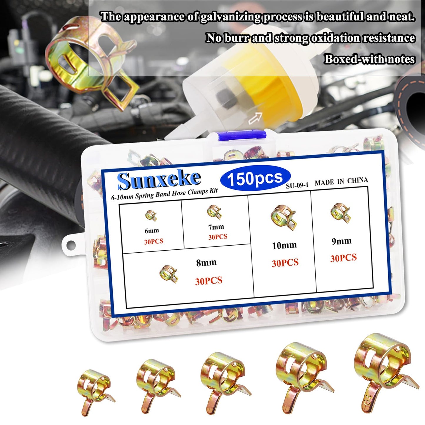 Sunxeke 150Pcs Spring Band Hose Clamps Assortment Kit,5 Sizes Fuel Line Hose Clamps,Low Pressure Air Clip Strap Clamp for Silicone Vacuum Hose Clamp Fuel Line Clamps (6mm 7mm 8mm 9mm 10mm)