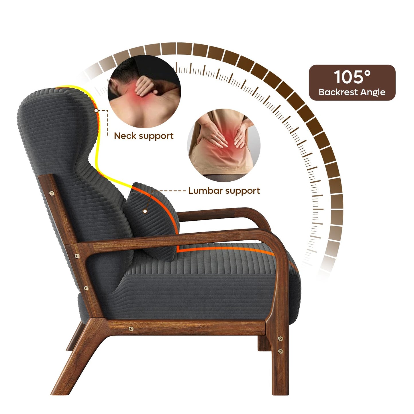 Bestier Mid Century Ergonomic Accent Chair, 105° Backrest Angle with Pillow, High Back Living Room Chair with Head/Back/Armrest Support, Thick and Comfy Seat Cushion Reading Chair, Grey