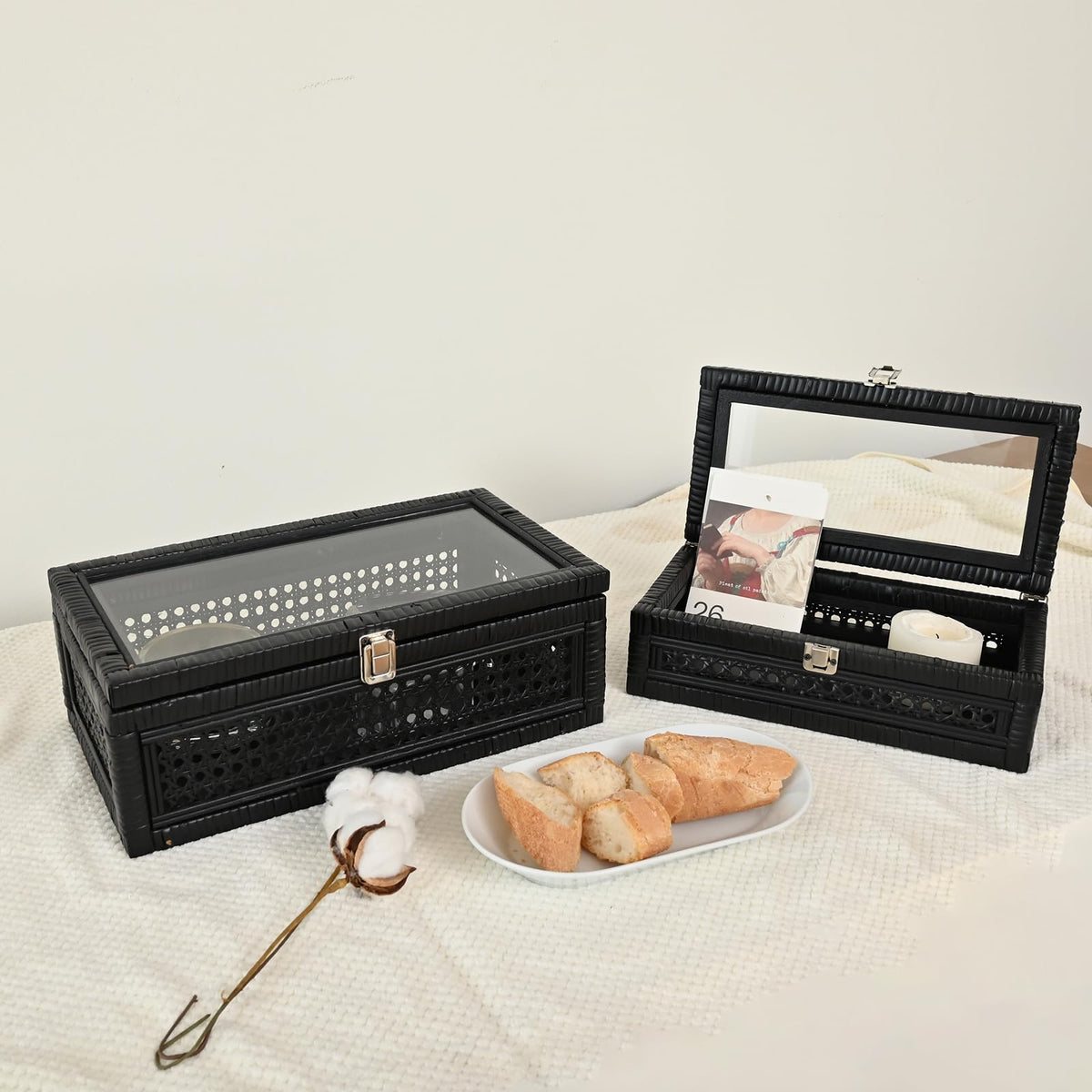 DECOR4SEASON Cane and Rattan Decorative Storage Boxes with Lids - Elegant Set of 2, Stacking Boxes with Glass Top, Handcrafted Rustic Charm for Home Organization (Black, 14.1"x8.2"x5.1")