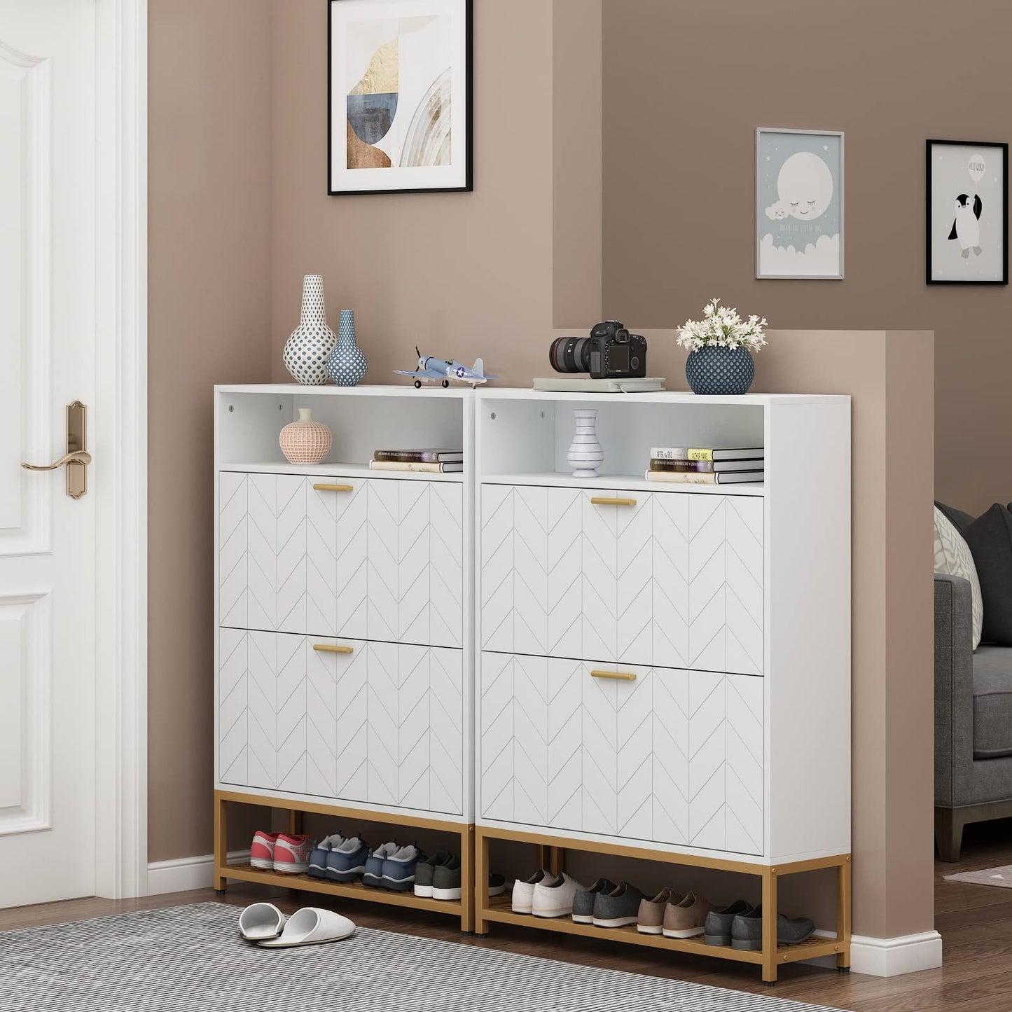 Loomie Shoe Cabinet, Free Standing Tipping Bucket Shoe Rack Organizer with 2 Flip Drawers,Entryway Narrow Shoe Storage with Storage Shelf & Top Cubby,Modern Slim Hidden Shoe Cabinet with Doors, White