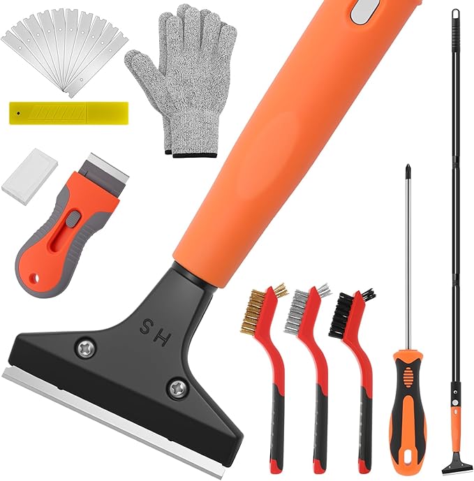Floor Scraper Long Handle, 20 Floor Scraper Blades 4 Inch, 3 Pcs Wire Brush 1 Pcs Razor Blade Scraper Tool for Deep Cleaning Glass Wall Gum Paint Tile Glue Linoleum