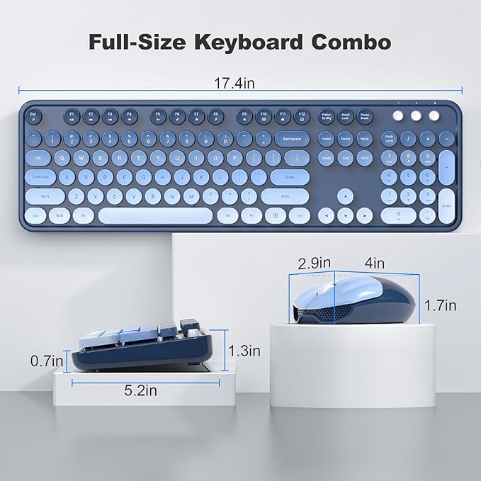 Wireless Keyboard Mouse Combo, Retro Typewriter Full-Size Keyboard with Round Keycaps, 2 in 1 USB Connected Mouse for Windows PC, Laptop, Computer, Desktop, Home and Office Use