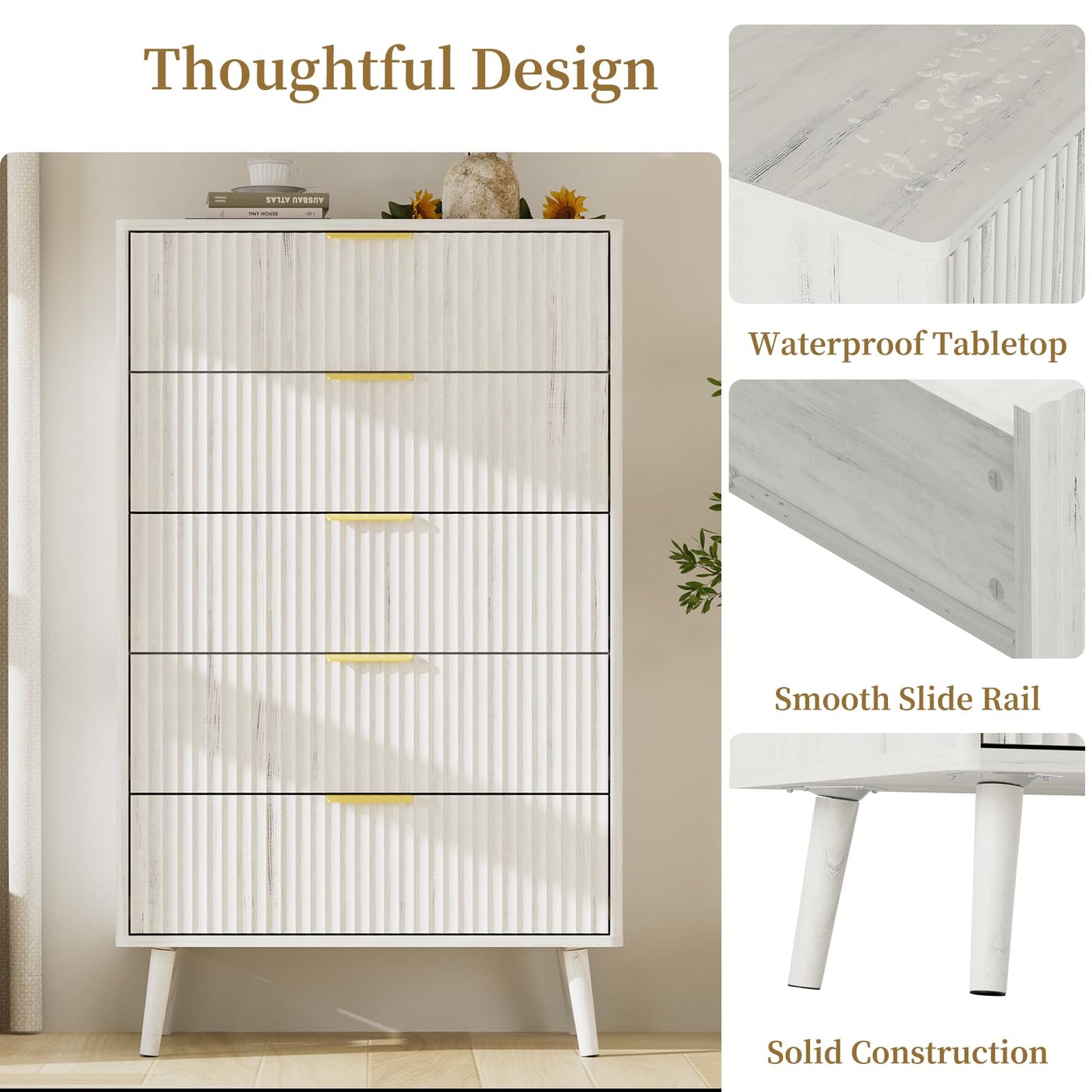 LYNSOM Fluted 5 Drawers Dresser, 45" Tall Modern Chest of Drawers with Curved Profile Design and Metal Handle, Wood Drawer Organizer for Bedroom, Living Room, Hallway, Entryway, White