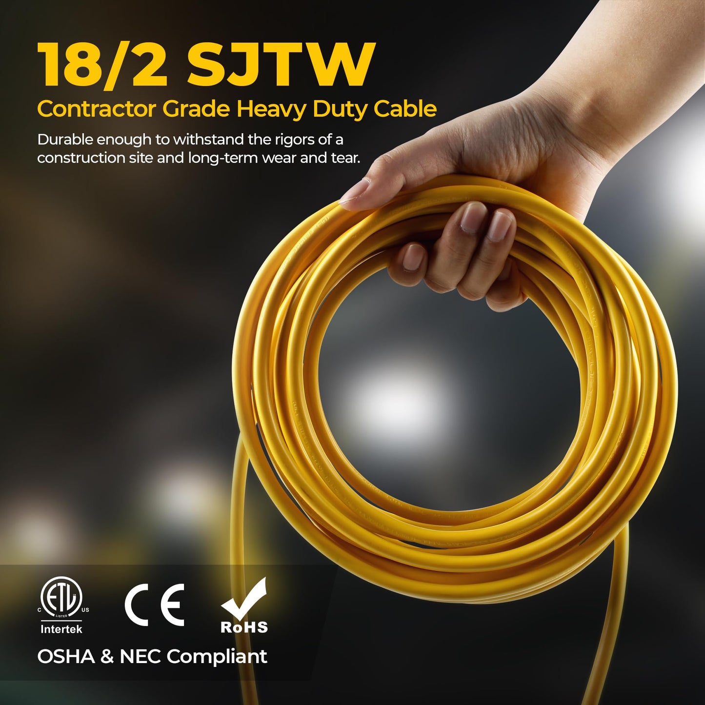 HYANGLUX 50FT Construction String Lights: 50w 5500lm ETL Certified Bright Industrial Outdoor Temporary Lighting Led Hanging IP65 Waterproof 18AWG Wire Work Light for Attic Jobsite Garage