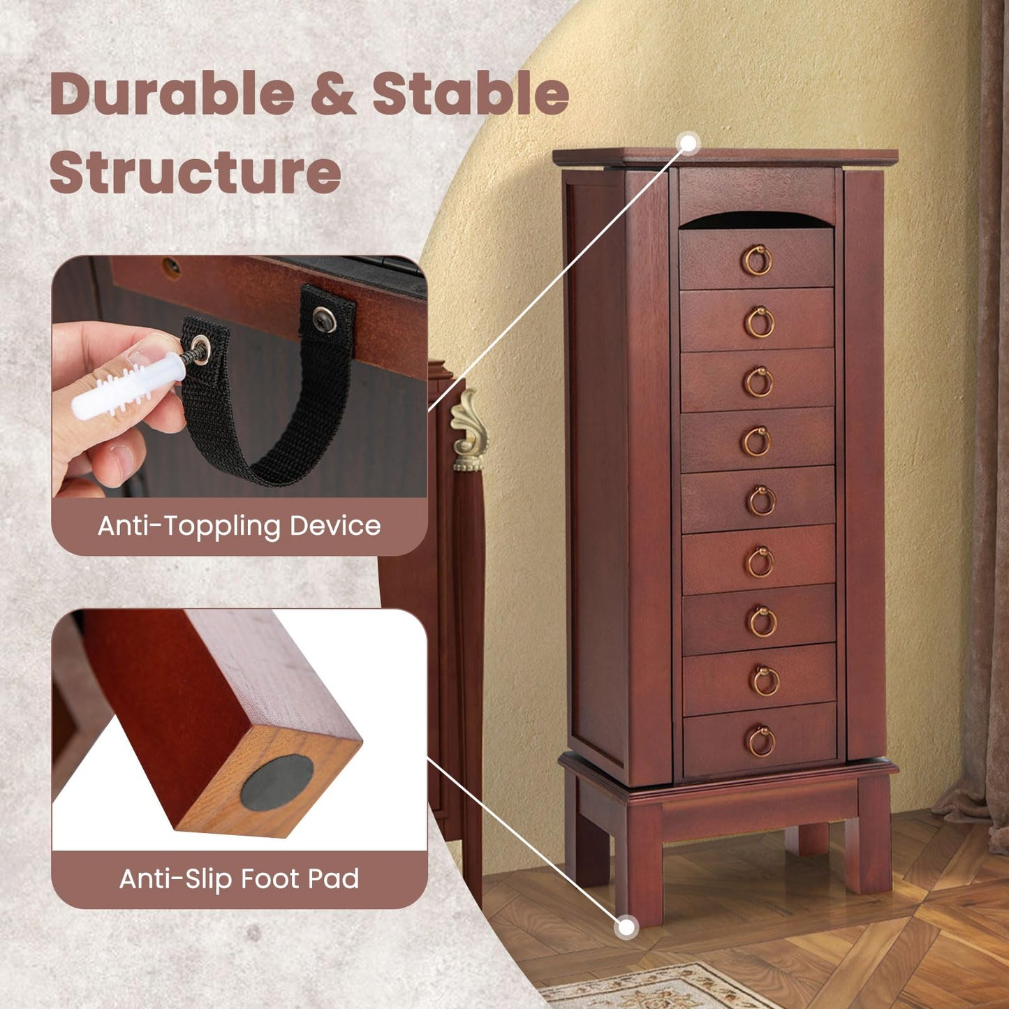 NAFORT Jewelry Armoire with Top Flip Vanity Mirror, Jewelry Cabinet with 9 Drawers and 2 Side Doors for Necklace, Large Storage Capacity Jewelry Organizer and Storage, Walnut