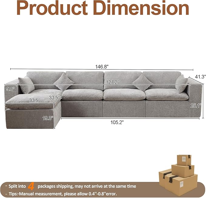 155''Cloud Boneless Sectional Couch, Modular Sectional Sofa Deep Seat with Ottoman, Oversized Upholstered Convertible Comfy 5 Seater Chenille Sofa L Shape Couches for Living Room, Light Grey