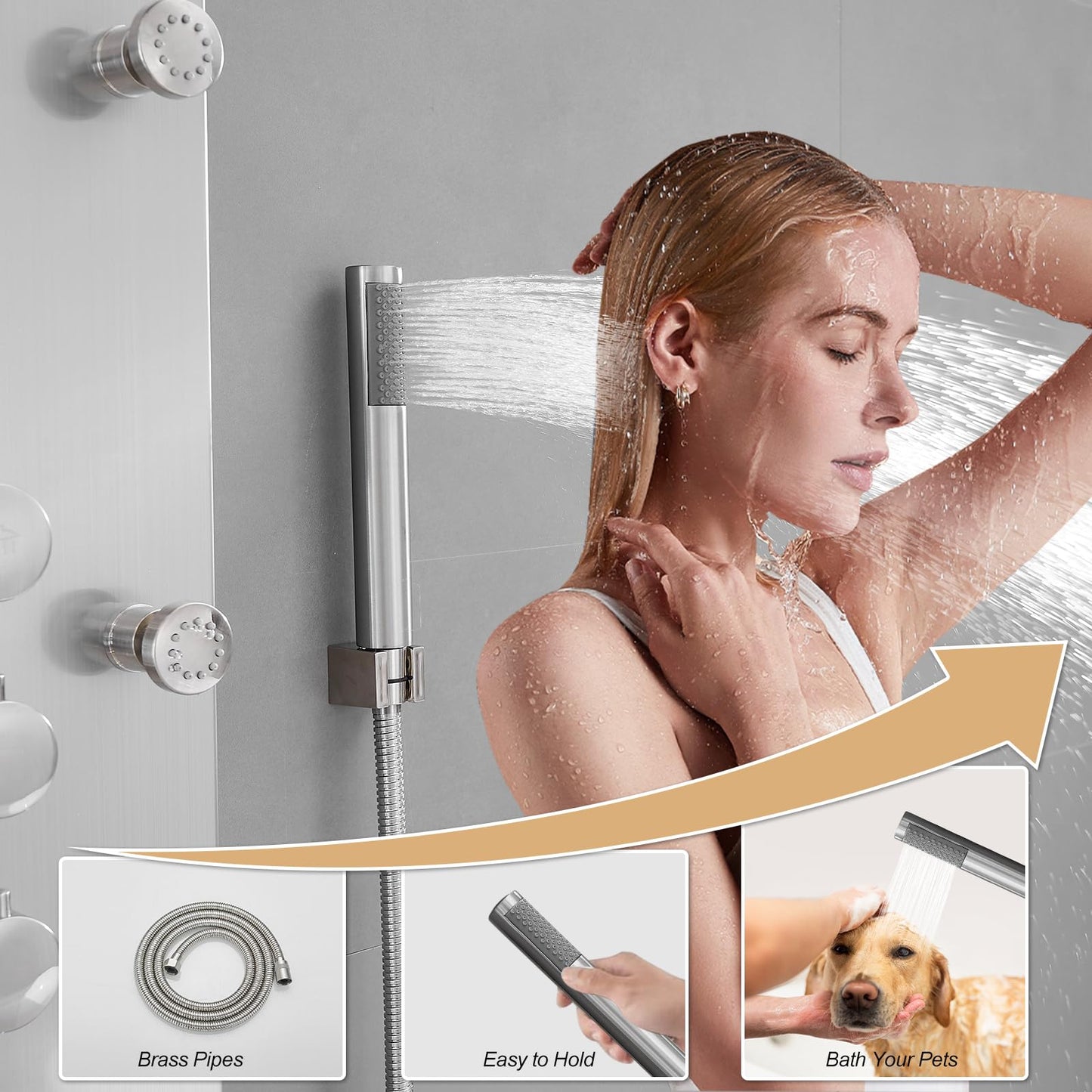 BATHLAVISH Shower Panel Tower System, 4 in 1 Stainless Steel Rainfall Shower Panels with 4-Functions, 8 Body Massage Jets, Handheld Head, Wall Mounted Brushed Nickel