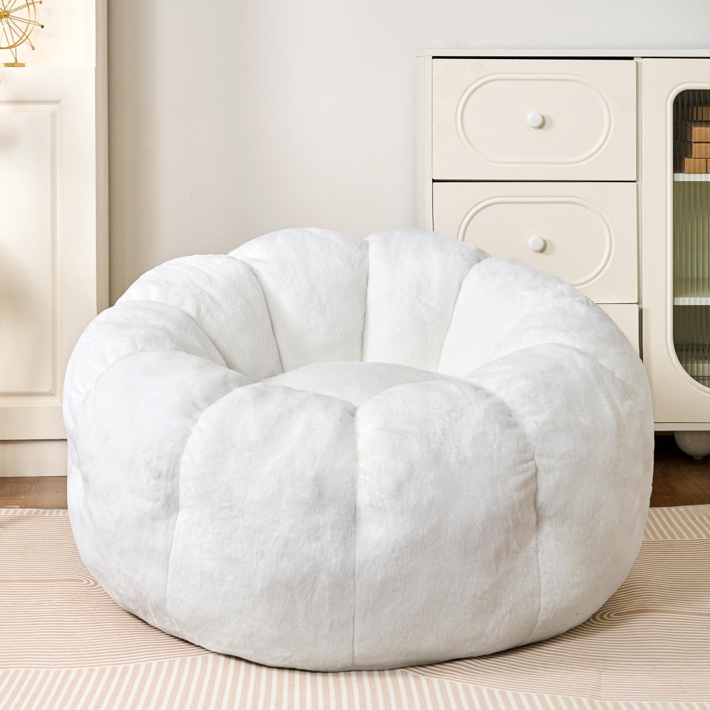 LinkRomat Bean Bag Chairs for Adults, Faux Fur Reading Chair with Petal Arm Rest Fluffy Comfy Chair for Bedroom, Living Room, Dorm, Game - White, Large, Low Support