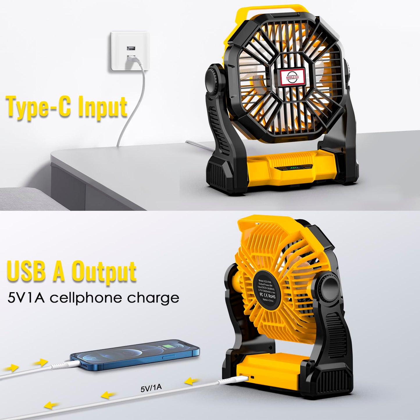 Sendowtek Portable Battery Fan With Led Light, 10400Mah Quiet Rechargeable Tent Fan With Hanging Hook 4 Speed Small Usb Battery