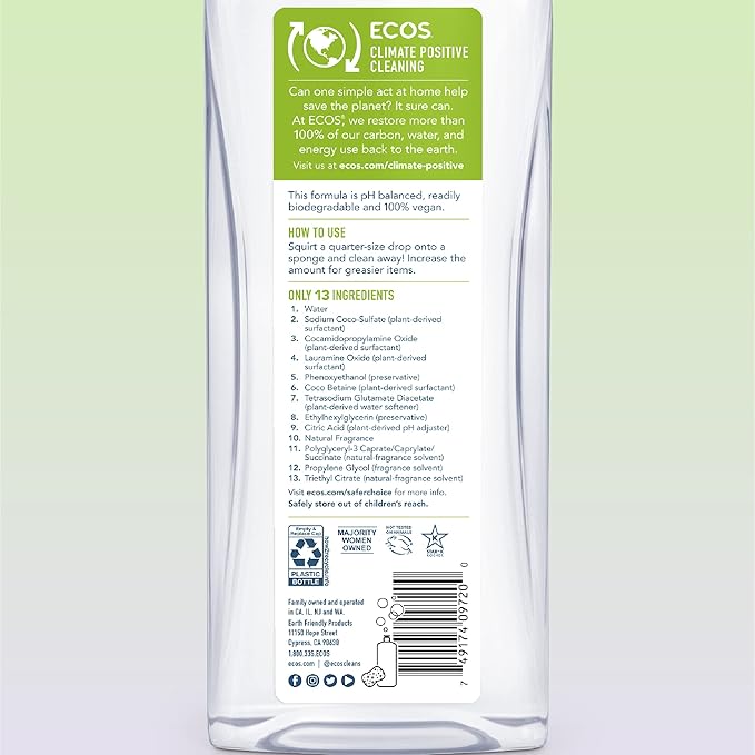 ECOS Dish Soap - Cuts Grease & Food Residue - No Harsh Chemicals - Hypoallergenic for Sensitive Skin - Biodegradable Formula, Recyclable Sustainable Liquid Dishwashing Soap - Natural Pear (Pack of 2)