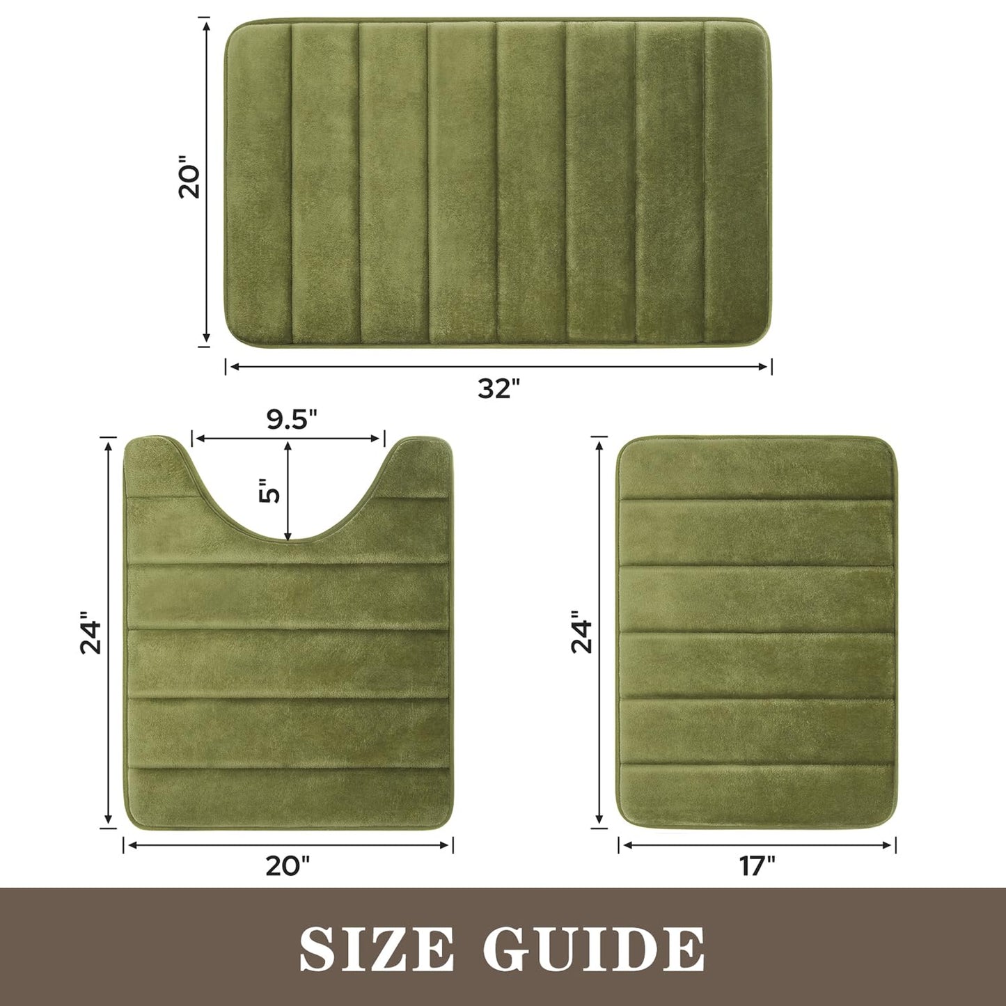 BYSURE Sage Green Memory Foam Bathroom Rug Set 3 Piece, Non Slip Extra Soft Absorbent Machine Washable Toilet Bath Toilet Mat (17"x24"+20"x32"+U Shape 20"x24")
