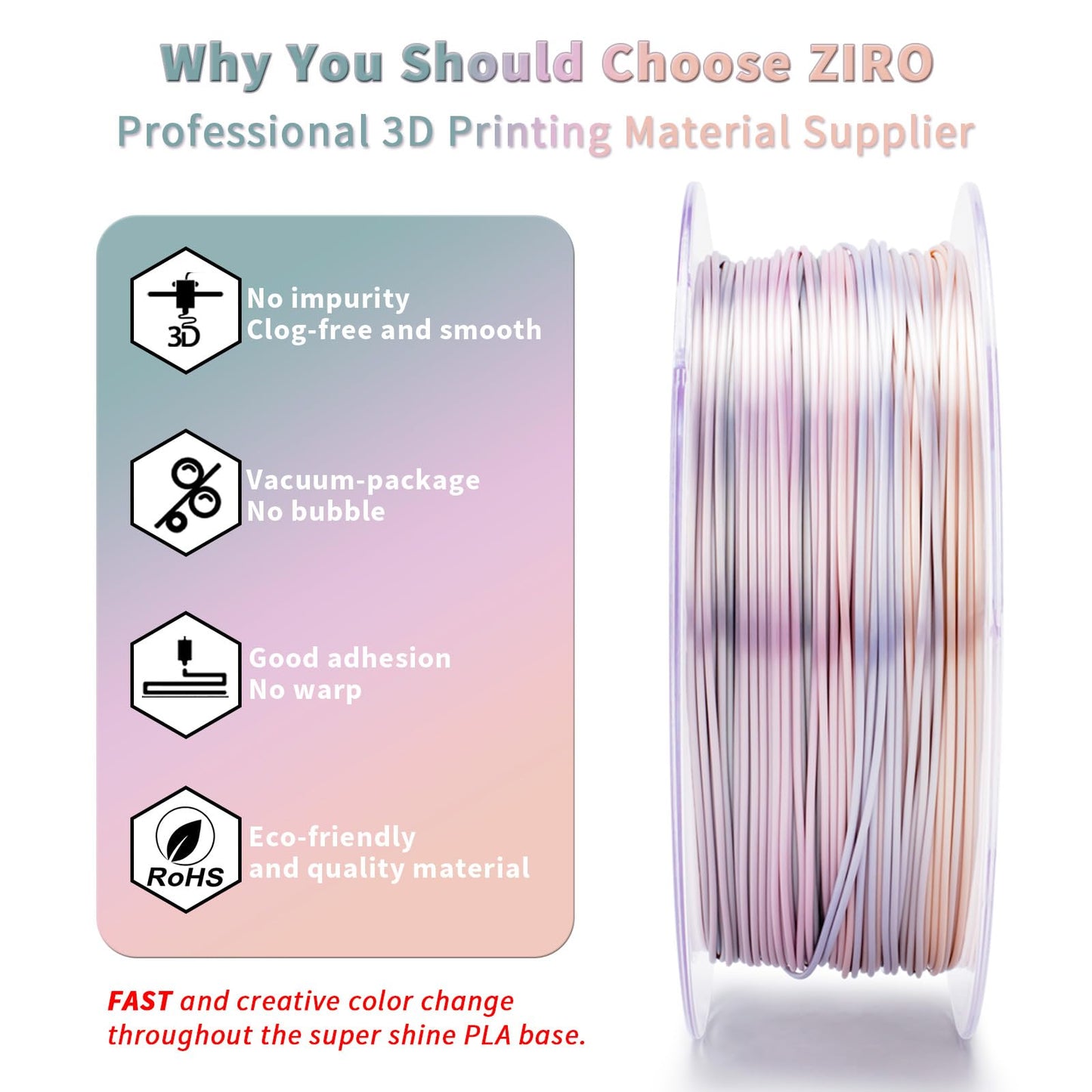 ZIRO 3D Printer Filament, Shiny PLA Fast Gradient Color Change, Glossy Color Change by Length PLA, Fit Most FDM 3D Printers, Dimensional Accuracy +/-0.03mm, 1KG/2.2lb Spool, Earth Tone(Silk)