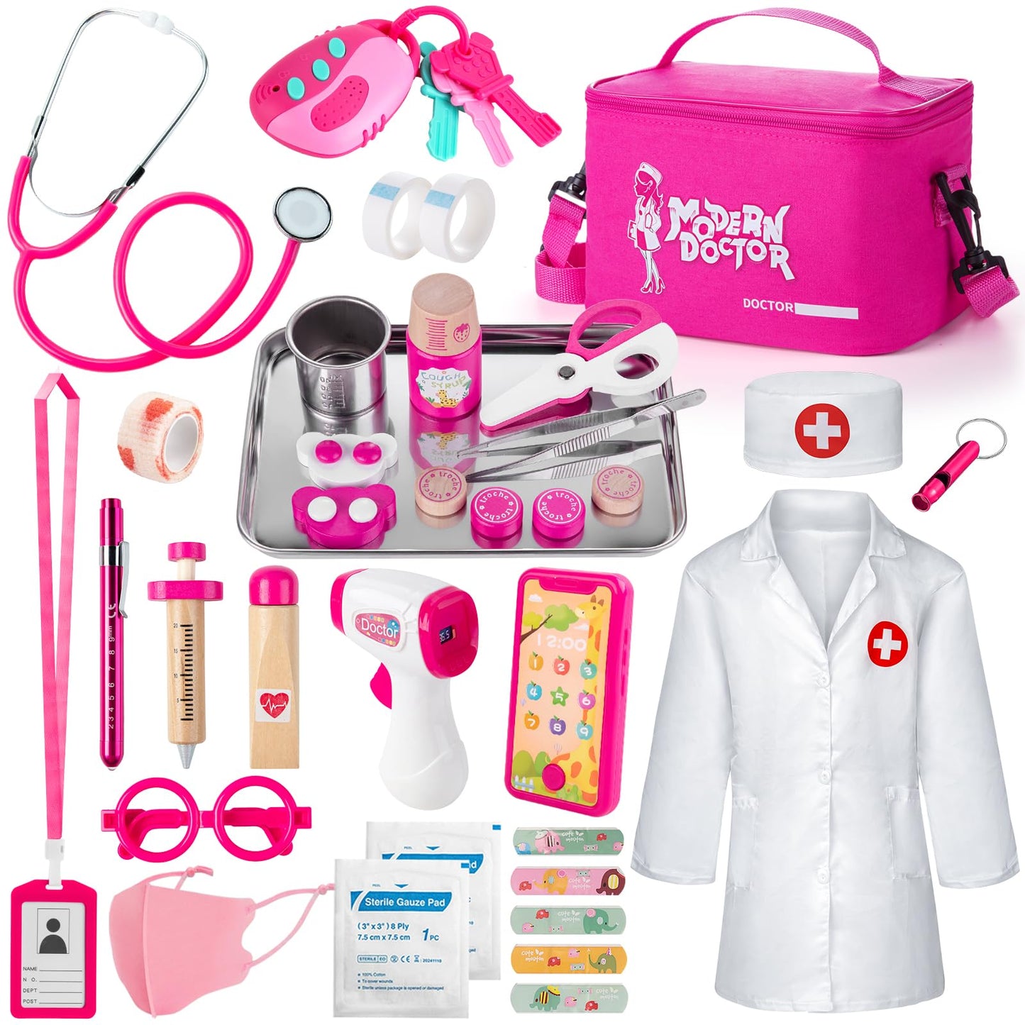 Sundaymot Doctor Kit for Girls, 34 Pcs Pretend Play Doctor Set，Doctor kit for Toddlers 3-5, with Medical Bag, Stethoscope and Other Accessories Doctor Play Gift for Kids Toddlers Role Play