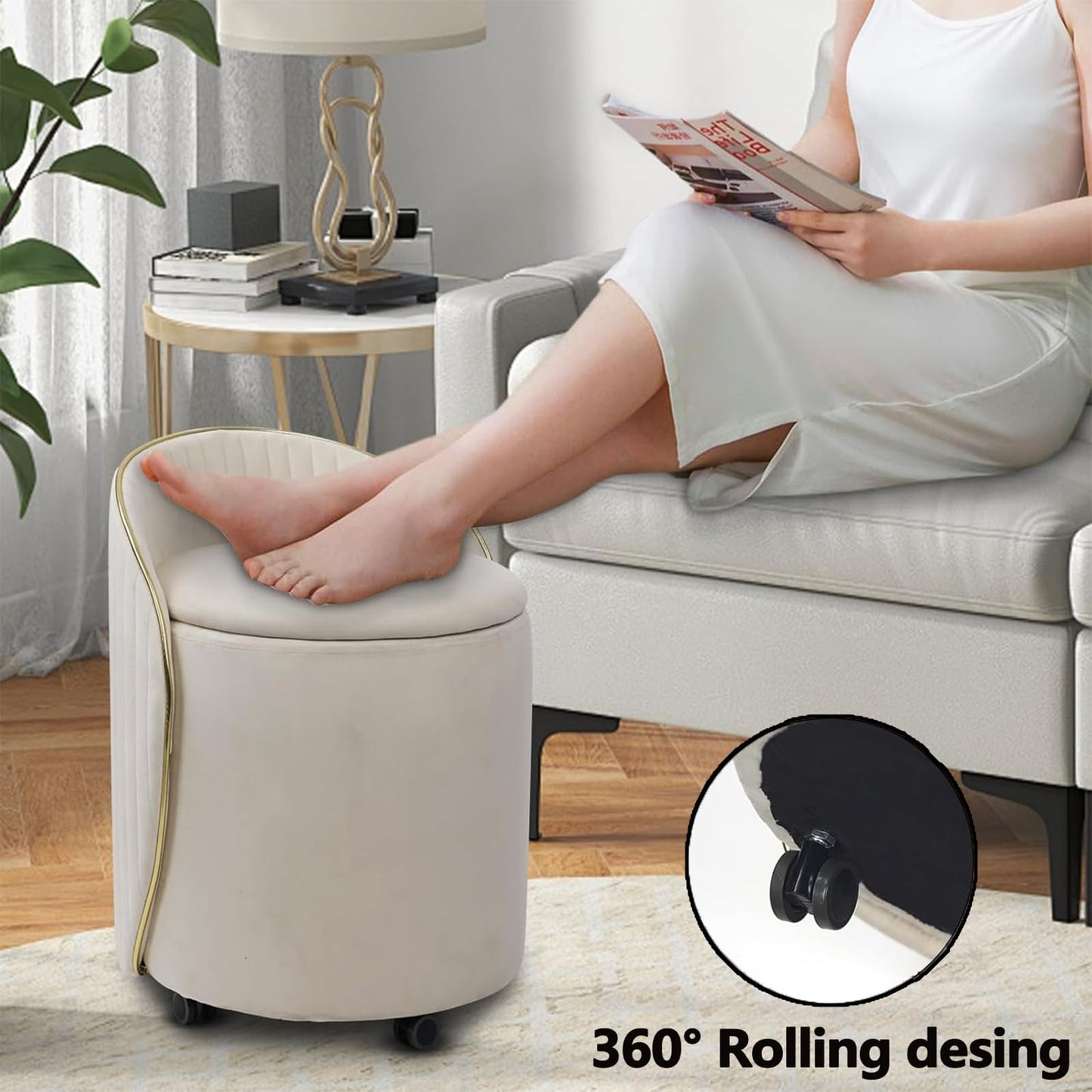 KLASIKA Round Storage Ottoman, Upholstered Velvet Vanity Stool with Lumbar Support, Swivel Rolling Wheels, Small Foot Stools Coffee Table Padded Seat for Makeup Room, Living Room, Bedroom Beige