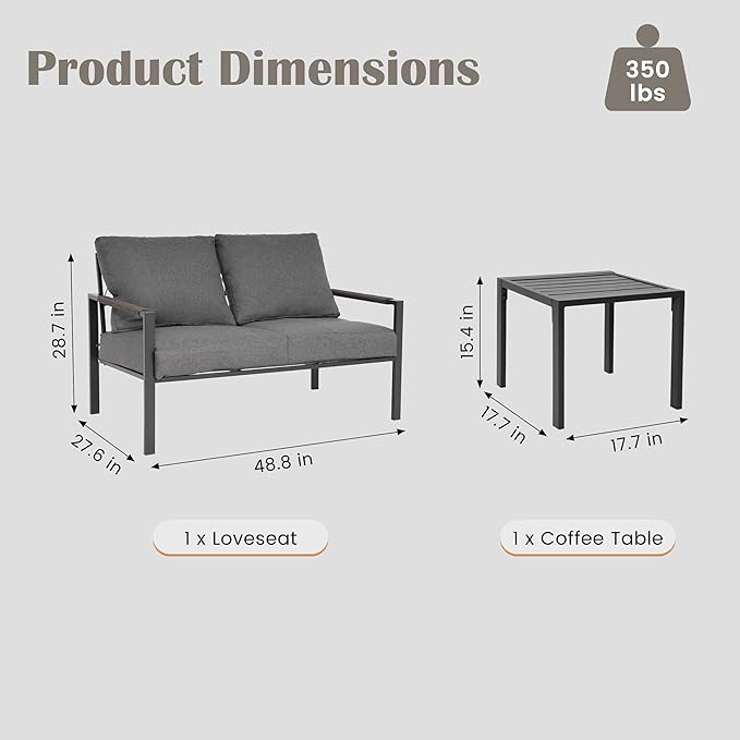 PATIOCHIC 2 Pieces Rattan Outdoor Furniture Set, All-Weather Patio Loveseat with Dark Grey Cushions and Coffee Table for Garden, Backyard, Balcony, Poolside