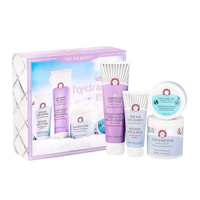 First Aid Beauty - Hydrated Glow Kit: KP Bump Eraser Body Scrub, 4 oz, Facial Radiance Pads, 28 Pads, Pure Skin Face Clean...