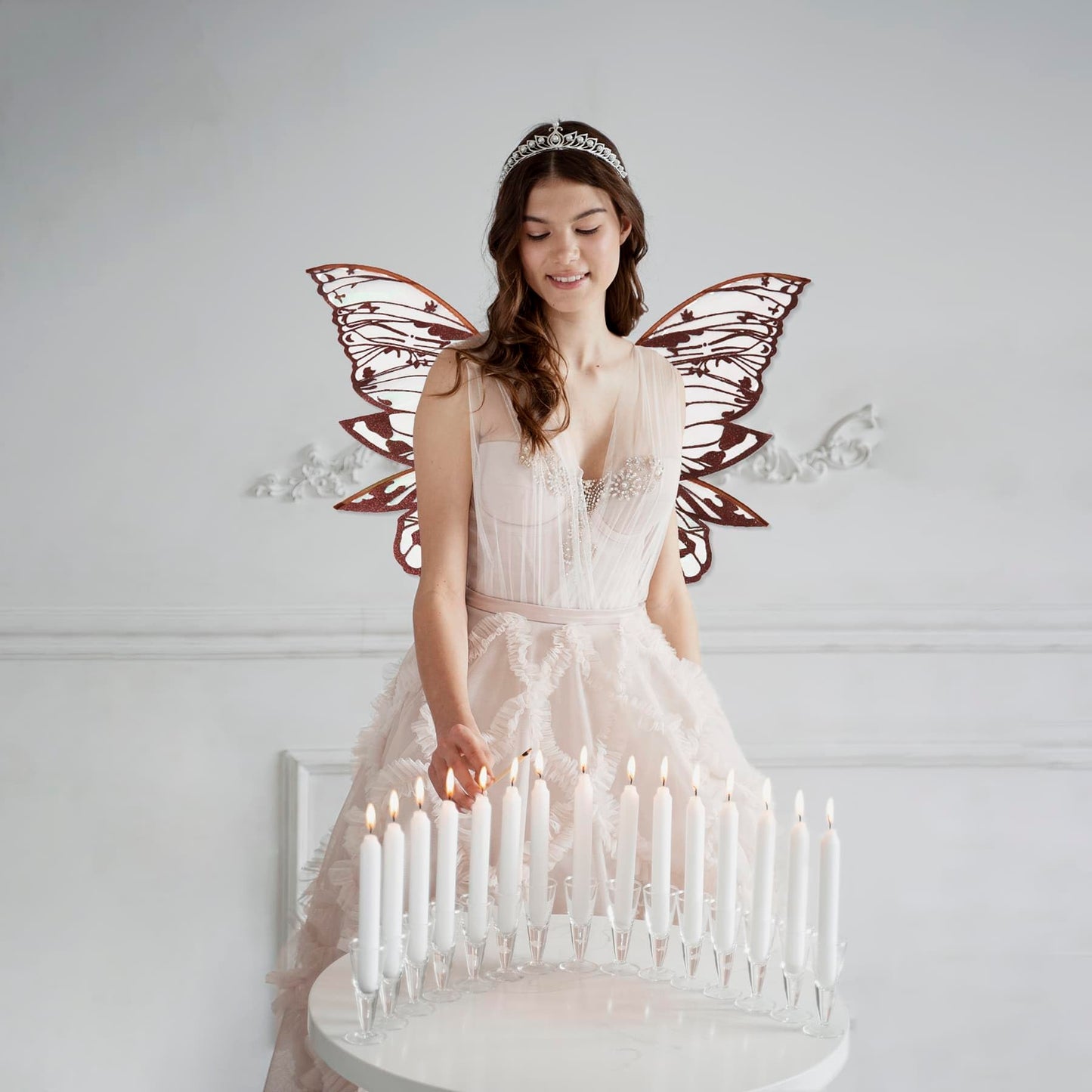 YKW Fairy Wings for Adult Women,31.5x29.5 Inch Butterfly Cosplay Wings with Lace Gloves,Organza Costume Wings for Halloween Party (Auburn)