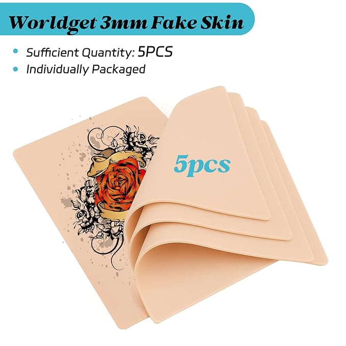 5Pcs Tattoo Practice Skin - Worldget 7.4"x5.6" Fake Skin for Tattooing, Double Sided Silicone Tattoo Skin for Beginners and Artists, Tattoo Supplies Kit