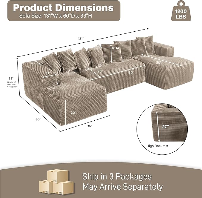 Modular Sectional Sofa, 130" U Shaped Cloud Couch Plush Corduroy Comfy Deep Seat Boneless Sofas with 8 Pillows Double Chaise Lounge Sectional Couches with Memory Foam for Living Room - Light Camel