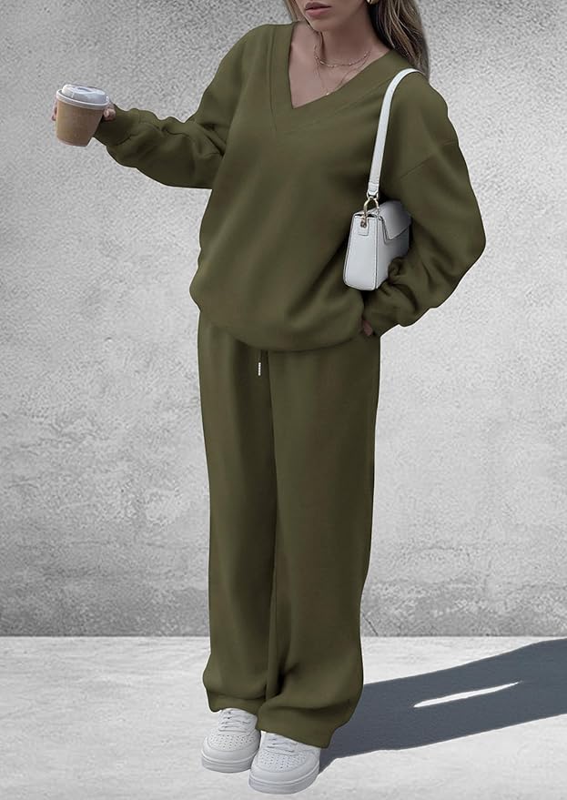 PRETTYGARDEN Casual Winter Two Piece Sets for Women 2026 V Neck Sweatshirt Loose Wide Leg Pants Tracksuit Knit Fall Outfits