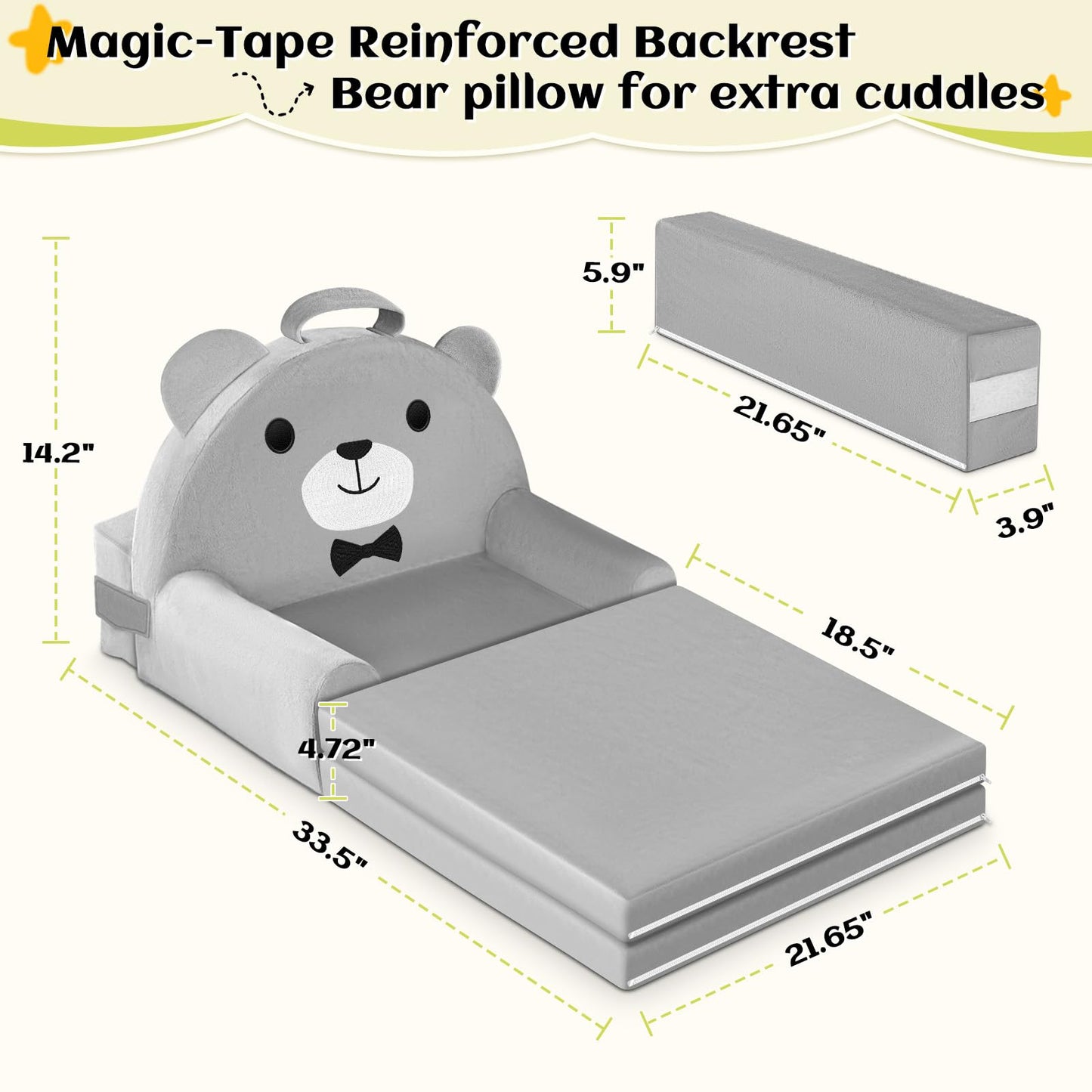 Kids Sofa Bed with Removable Washable Cover & Magic-Tape Backrest – Foldable Toddler Chair, Cozy Crystal Velvet Furniture for Playtime, Naps & Travel (Soft Grey, Bear Design)