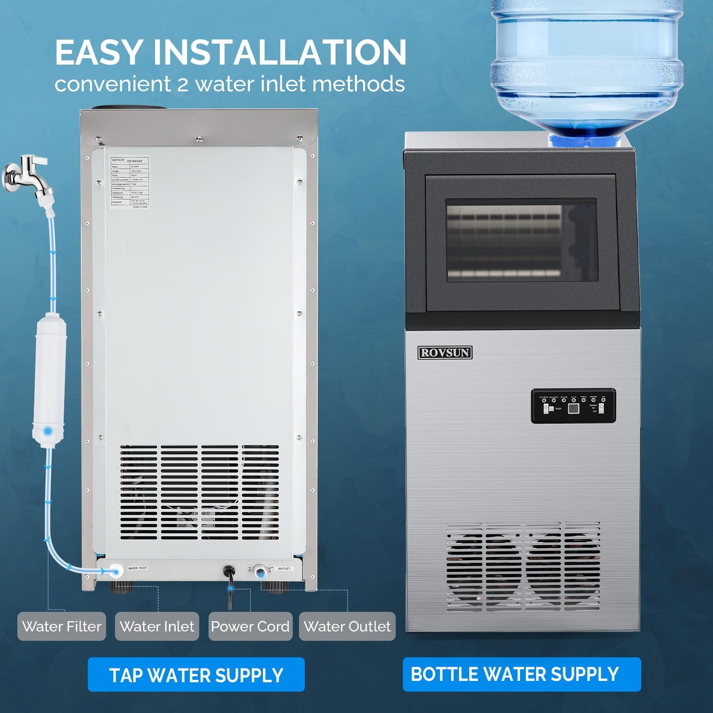 ROVSUN 110LBS/24H Commercial Ice Maker Machine with 2 Water Inlets, Undetcounter Ice Machine with 24lbs Storage Bin, Ice Scoop & Water Filter for Home Office Restaurant Bar Cafe