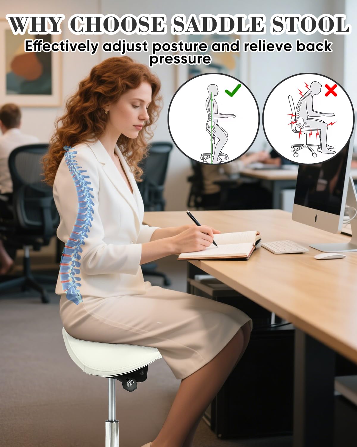 Ergonomic Saddle Stool, Thick Memory Foam Height Adjustable Rolling Chair with Silent Casters & Heavy Duty Aluminum Base, Swivel Tilt Seat No Backrest for Tattoo Salon Office Bar Home Desk, White