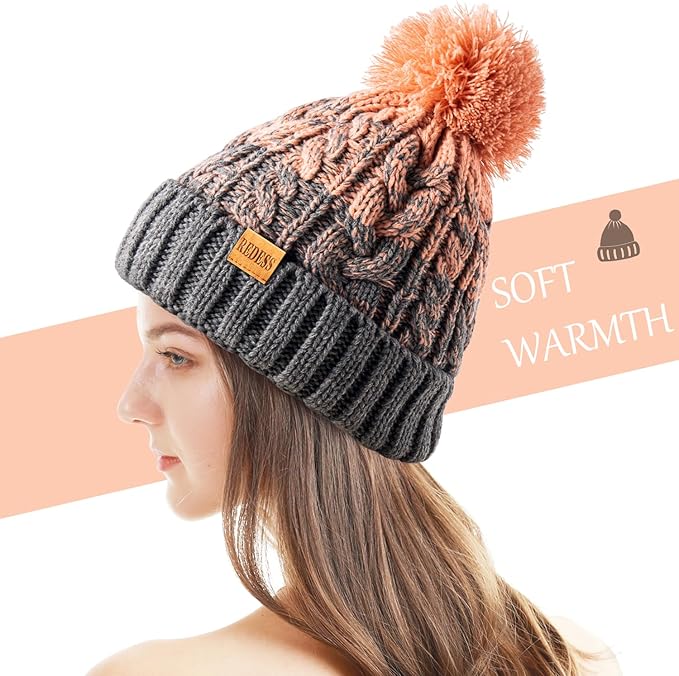 REDESS Women Winter Pompom Beanie Hat with Warm Fleece Lined, Thick Slouchy Snow Knit Skull Ski Cap