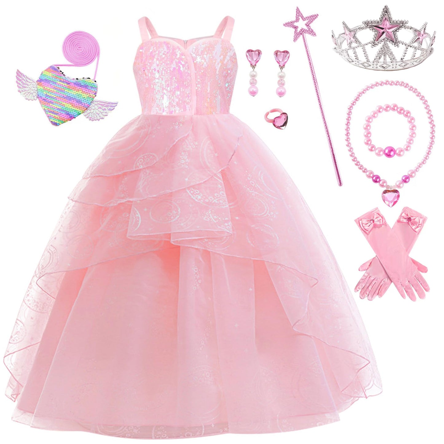 RuuYiicoco 9 Pcs Halloween Pink Witch Costume for Girls Sequins Mesh Princess Dress with Accessories (5-6 Years, Pink)