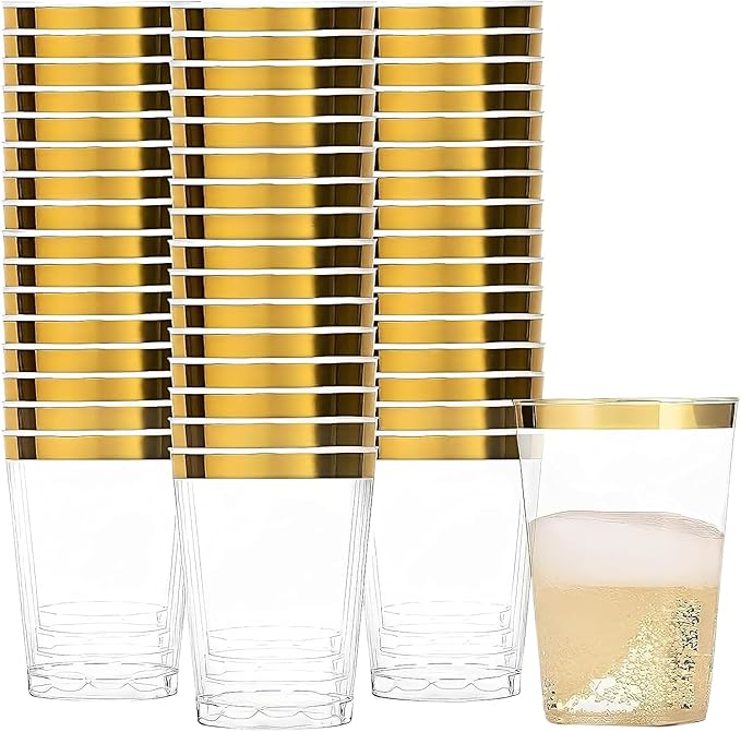 BLUESKY Elegant Gold Rim Plastic Tumblers - 8oz Crystal Clear Plastic Cups (50 Count) Disposable Clear Cups For Wine & Col...