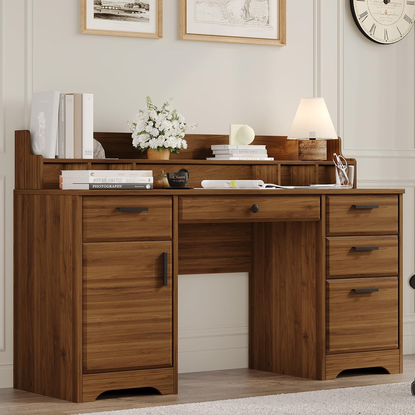 MaverickFurni 58 Inch Computer Desk with File Drawers, Executive Desk with Storage, Home Office Desk with Storage Cabinet for Bedroom, Rustic Brown