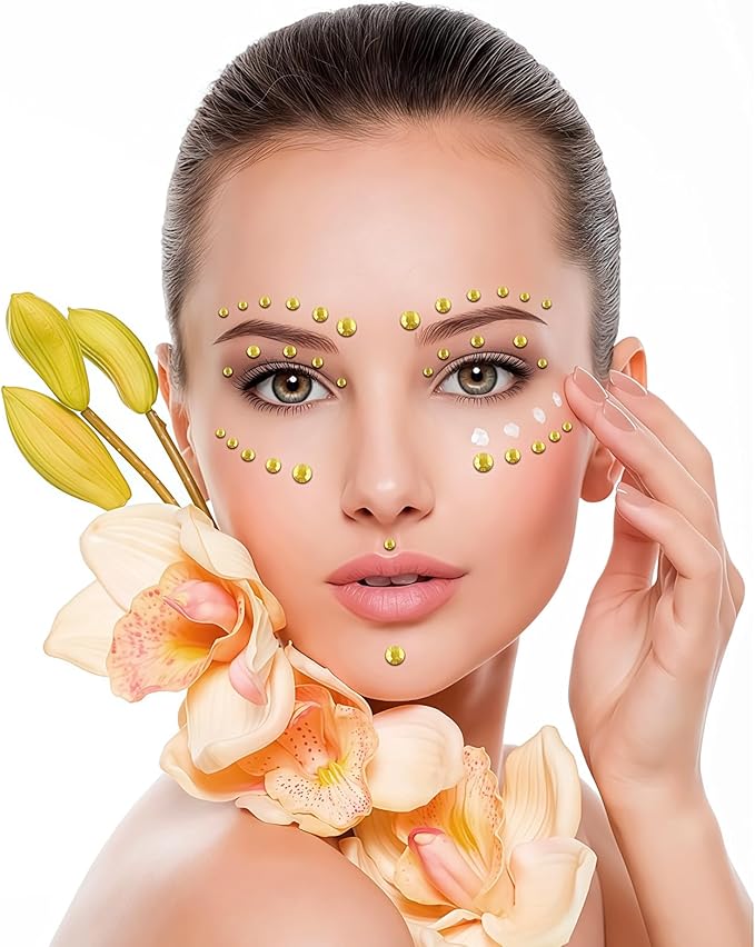 591pcs Face Gems Hair Gems Pearls, Self-Adhesive Face Jewels Eye Rhinestones 3/4/5/6/8 mm Face Gem Stick on, Halloween Makeup Gems Rave Accessories for Face Eyes Body Makeup (07.Light Gold)