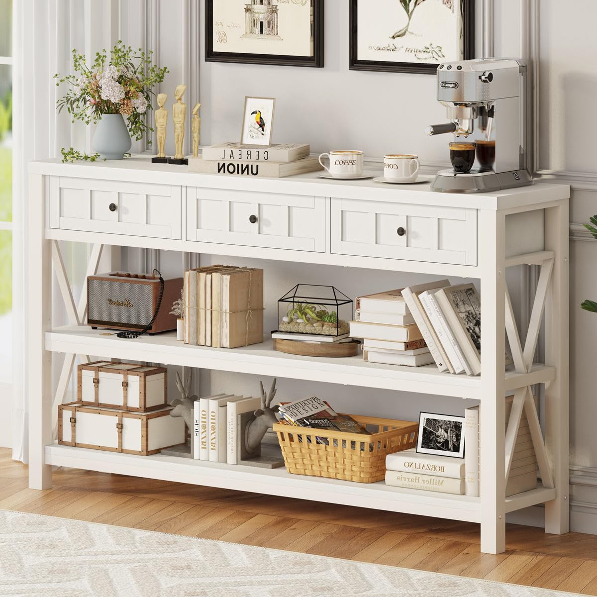 FATORRI Console Table for Entryway, Wood and Metal Sofa Table with 3 Drawers for Living Room, Farmhouse Hallway Tables and Modern Couch Tables Behind Sofa (54.72 Inch Long, White Oak)