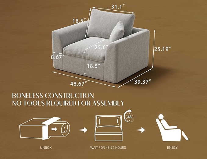 ohllob 48.6" Single Sofa, Small Boneless Couches for Living Room, Cloud Couch for Bedroom, Office, Light Grey